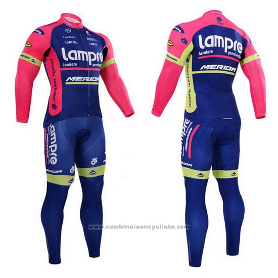 2015 Maillot Cyclisme Lampre Merida Rose et Bleu Manches Longues et Cuissard